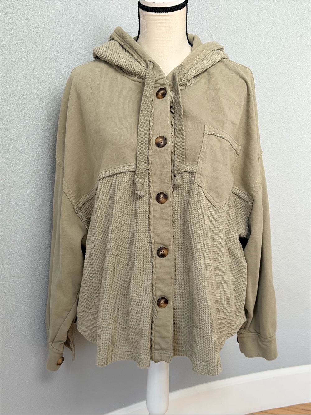American Eagle Mixed Media Waffle Knit Hoodie Shacket Sage Green L/XL Oversized